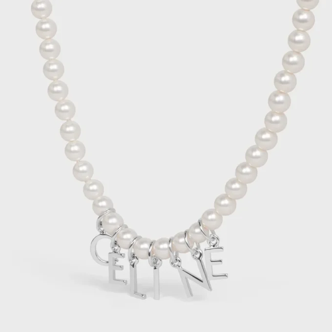 Celine Monochroms Necklace in Glass Pearls and Brass with Rhodium Finish Celine Monochroms Necklace in Glass Pearls and Brass with Rhodium Finish