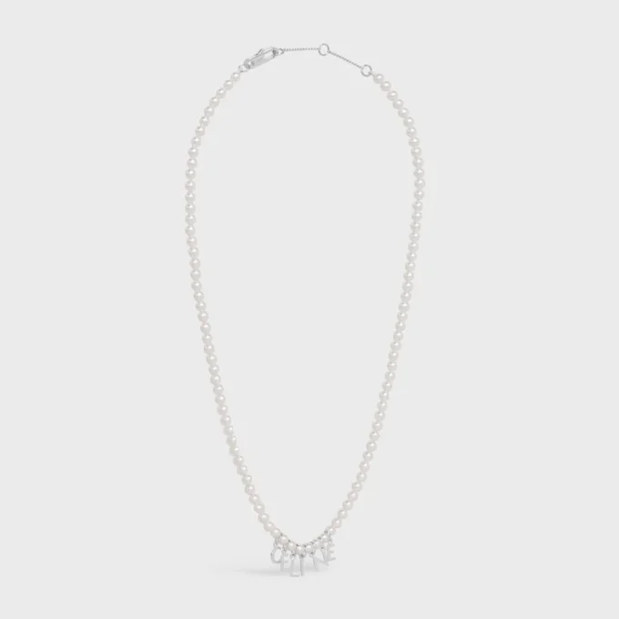 Celine Monochroms Necklace in Glass Pearls and Brass with Rhodium Finish Celine Monochroms Necklace in Glass Pearls and Brass with Rhodium Finish