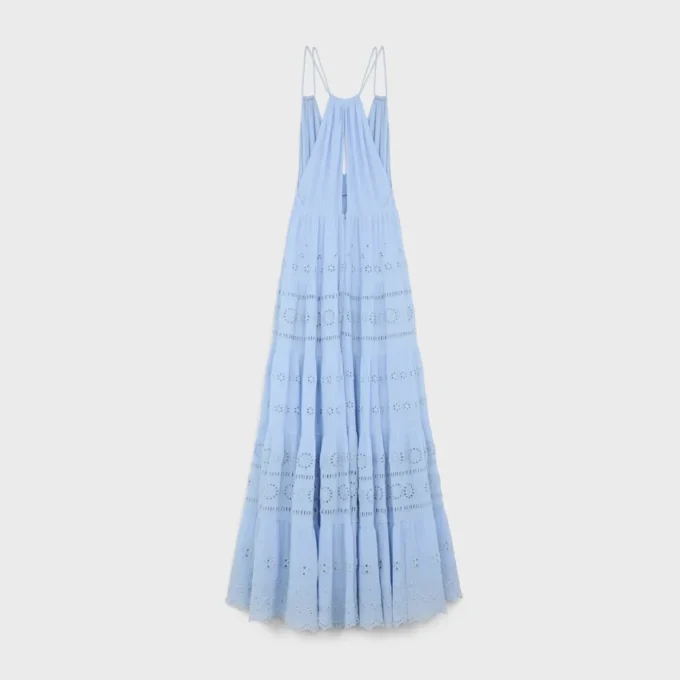 Embroidered Long Dress in Cotton Silk Crepon Embroidered Long Dress in Cotton Silk Crepon