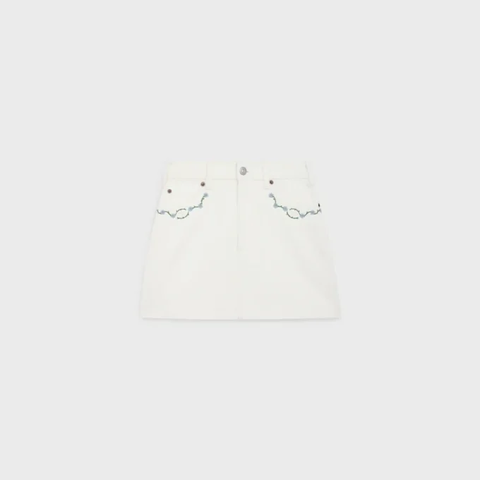 Embroidered Mini Skirt in Raw Wash White Denim Embroidered Mini Skirt in Raw Wash White Denim