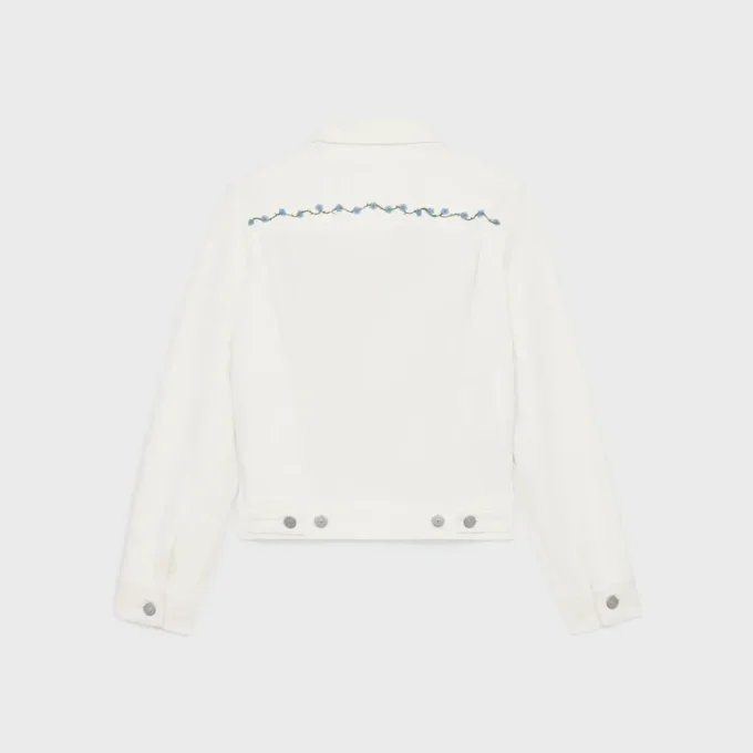 Embroidered Trucker Jacket in Raw Wash White Denim Embroidered Trucker Jacket in Raw Wash White Denim