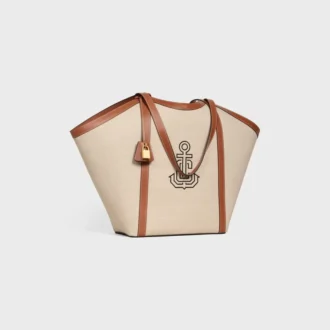 Large Cabas in Textile with Anchor Embroidery and Calfskin Large Cabas in Textile with Anchor Embroidery and Calfskin
