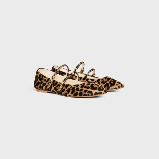 Les Ballerines Celine Double Strap Ballerina  in Leopard Printed Hairy Calfskin