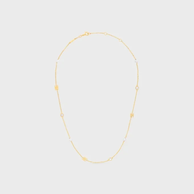 Les Perles Celine Necklace in Strass, Resin Pearls and Brass with Gold Finish Les Perles Celine Necklace in Strass, Resin Pearls and Brass with Gold Finish