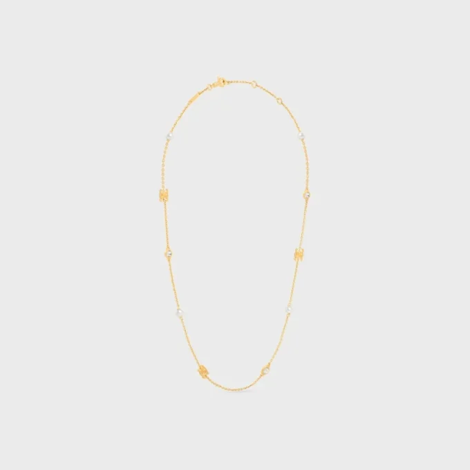 Les Perles Celine Necklace in Strass, Resin Pearls and Brass with Gold Finish Les Perles Celine Necklace in Strass, Resin Pearls and Brass with Gold Finish