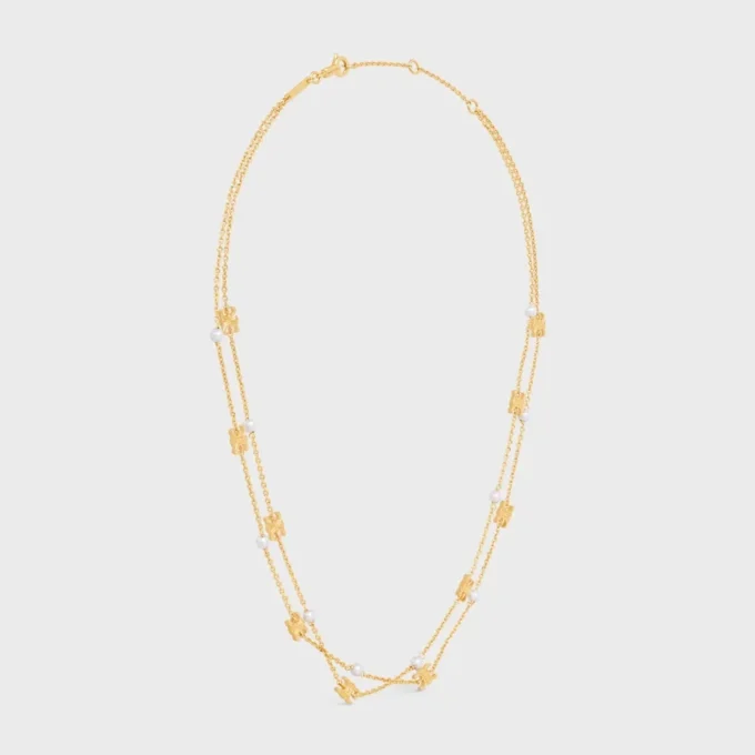 Triomphe Pearl Double Necklace in Brass with Gold Finish and Resin Pearls Triomphe Pearl Double Necklace in Brass with Gold Finish and Resin Pearls